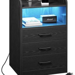 Black Nightstand with Charging Station – 3 Drawers, Modern (published in fb market)