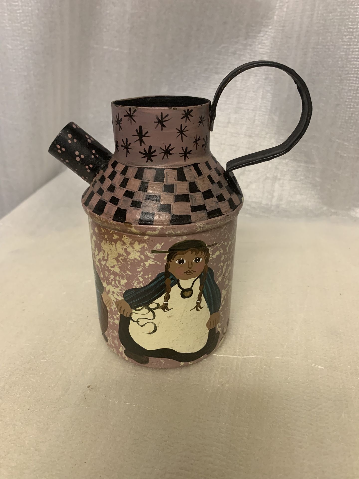 vintage, hand-painted folk art Pitcher Decorative Signed Milk Can Miniature Jug