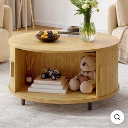 31.5" Round Storage Coffee Table, Fluted Wood Coffee Table with Adjustable Footpads and 360° Curved Sliding Door