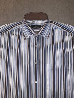 Bugatchi Uomo Mens Size Large Shirt Blue Light Blue Brown Striped Long Sleeve 😎