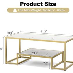 Modern Marble Coffee Table with Gold Metal Frame and Storage Shelf, 2 Tier Living Room Center Table for Home Furniture Office Decor