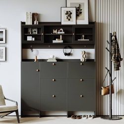   Multifunctional Shoe Cabinet with Storage Shelf & 6 Flip Drawers, Hall Tree with Tempered Glass Doors, Foyer Cabinet w/ 4 Hooks 