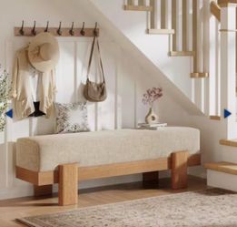Oak Entryway Bench, 55 in. Modern Shoe Bench with Fabric Padded Seat and MDF Frame, End of Bed Stool