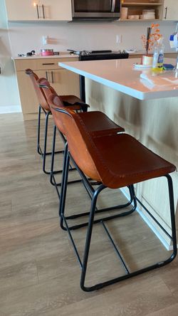 Set of 3 Leather Bar Stools with Metal Frame