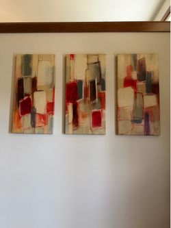 3-Piece Abstract Geometric Canvas Art Set - Red, Grey & Beige