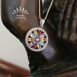 Cadena de Plata Antigua 925 y pendiente Redondo con piedras Citrino, Topaz, Garnet, Peridote y Amatista.

🎁Re