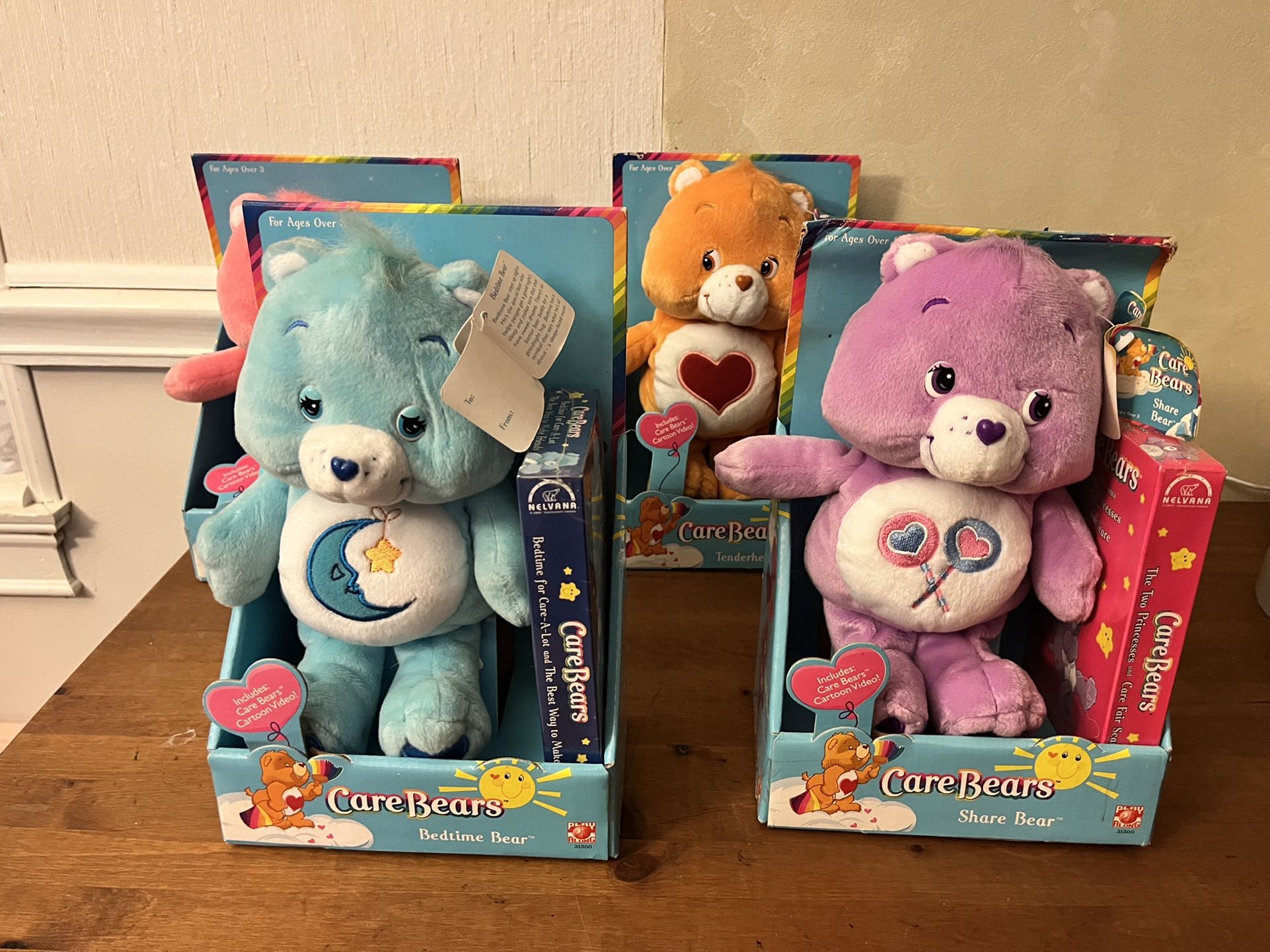 Vintage Care Bear Plushies With Sealed VHS Tapes Lot Of 4