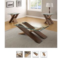 Glass & Wood Table Set - Coffee Table & 2 End Tables
