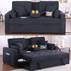 3-in-1 convertible sofa bed with pull-out bed and reclining backrest; living room chaise longue sofa bed with USB ports and cup holders.