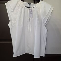 Express White Flutter Sleeve Tie-Neck Blouse