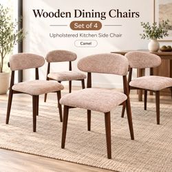 NEW Wooden Dining Chairs Set of 4, Upholstered Kitchen Side Chair, Camel