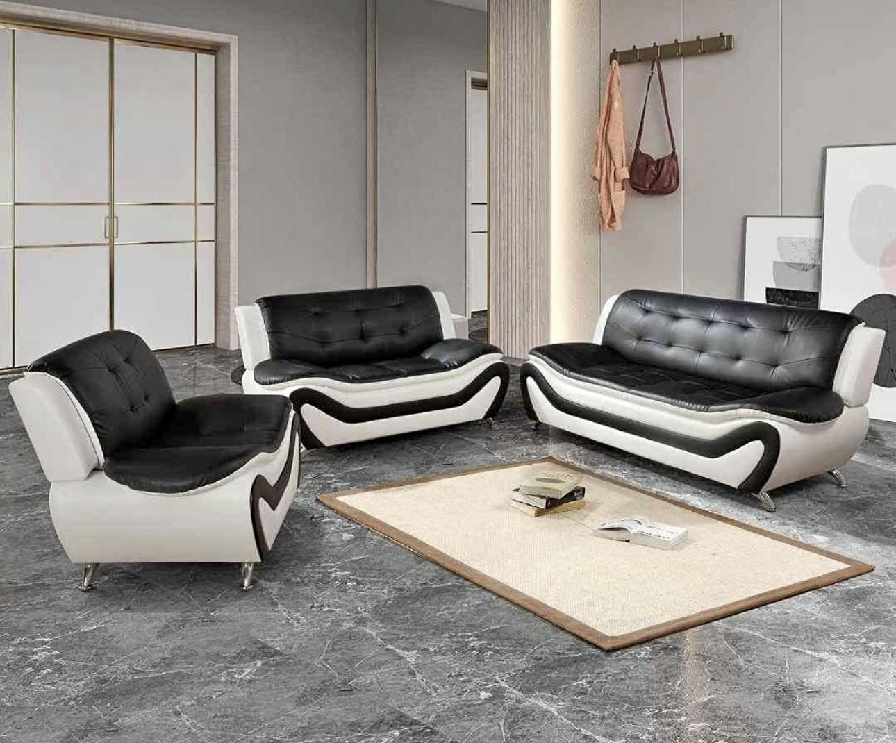 Modern Style Black Leather Three Piece Couch Set