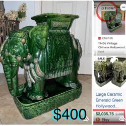 $400 Vintage Mid Century bohemian Emerald Glazed large Elephant 🐘 in great condition heavy