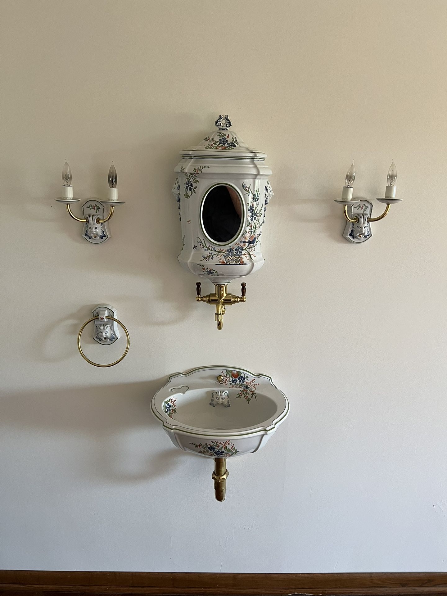 French Bathroom Sink Hand Painted With Matching Sconces Towel Ring And Mirror Lavabo