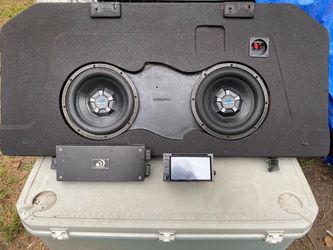 2 12” power acoustic subs, massive 2000 watt bass amp, kenwood screen radio Bluetooth