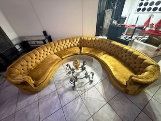 Vintage Horseshoe Curvedg Tufted Semicircle Gold/Mustard Velvet Conversation Sofa + Glass table