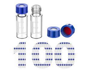 Membrane Solutions 2mL Autosampler Vials, 9-425 GC/HPLC Vials, 100 Pcs 2 mL Clear HPLC Vials, Write-on Spot and Graduations, 9mm Blue ABS Screw Caps &