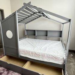 Gray Barnhouse-Style Full Kids Bed Frame + Mattress – $400 (OBO)