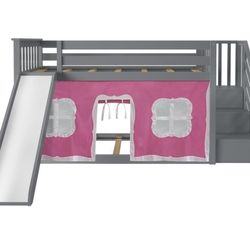 Brand New (UnOpened) Max & Lily Low Twin Bunk Bed with Stairs & Slide with Pink Curtains ($737.99 Online)