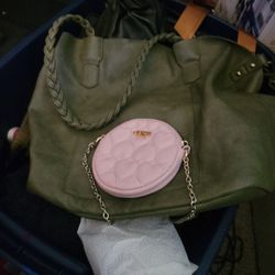 Olive Greeen Large Tote Bag And Teeny Pink Guess Cross Body