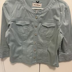Ladies AMI Light Green New Denim Jacket With Floral Stitched Trim SZ M
