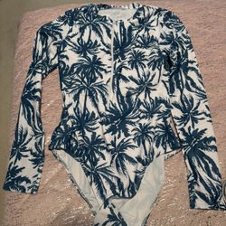 Womens Hawaiian Palm Tree Blue White Long Sleeve Zip Up Front Swimsuit 
