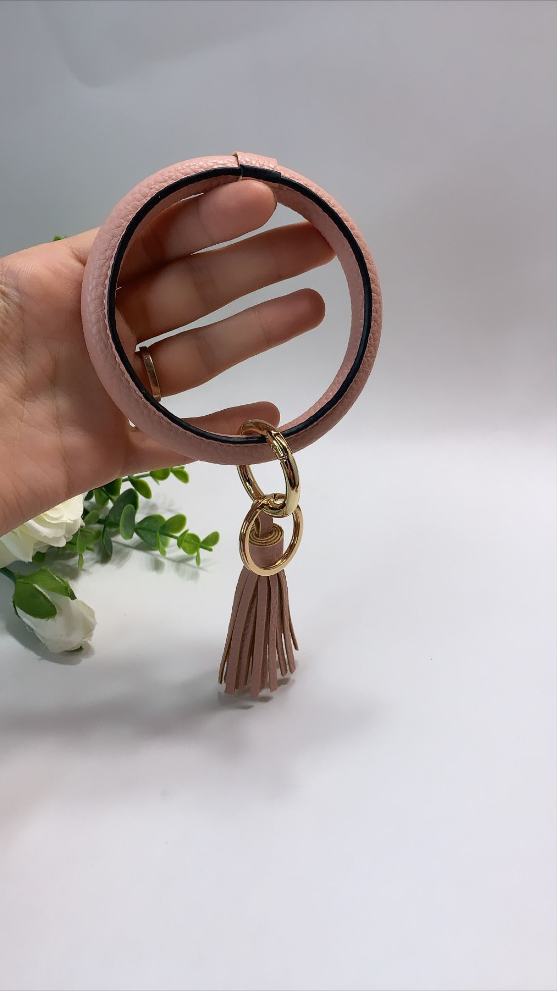 Leather Bangle Keychain PU Leather Wrist Key Rings Large Hoop Bracelet, Pink