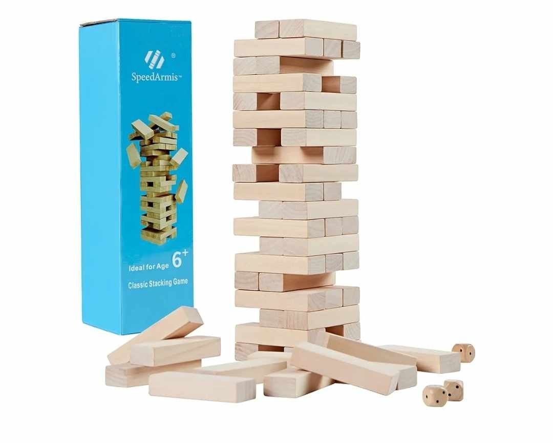 Tumble Tower, 54PCS Wooden Stacking Game for Teens - Pine Stack Timber Board Games with 4 Dice Set - Classic Xmas Gifts for Kids