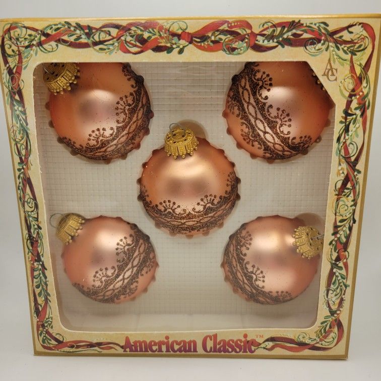Set Of 5 Vtg Glass Christmas Ornaments Krebs American Classic Peach Glitter
