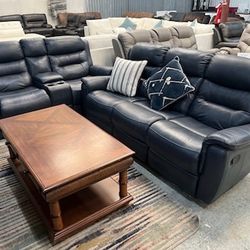 Blue Leather Sofa Manual Recline