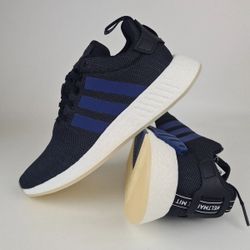 or BEST OFFER! Adidas NMD_R2 sneakers, featuring a black mesh upper, "Noble Indigo" blue stripes, and a signature Boost midsole