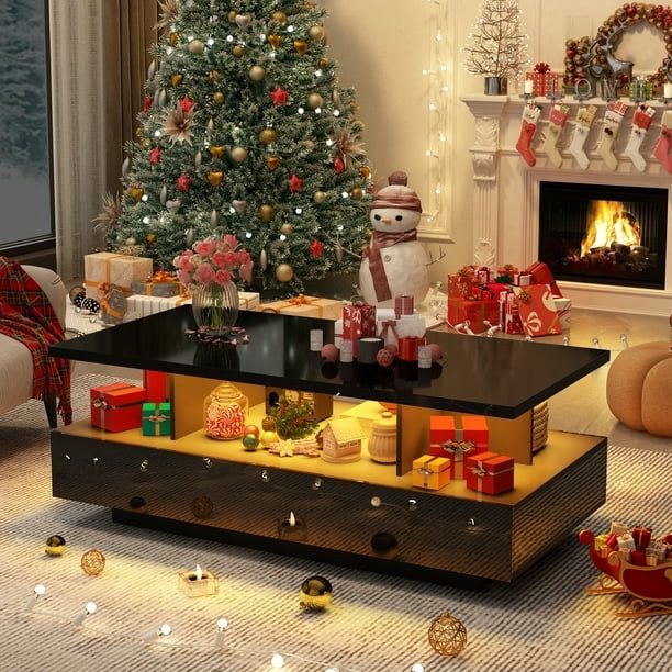 LED Black Coffee Table with 2 Storage Drawer, 43" Modern High Glossy Coffee Tables w/Open Display Shelf, Rectangle 2-Tier Center Table for Living Room