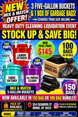 5 gallon laundry detergent and box of bag bundle