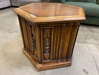 Wooden Hexagonal Side Table with Ornate Double Door Cabinet