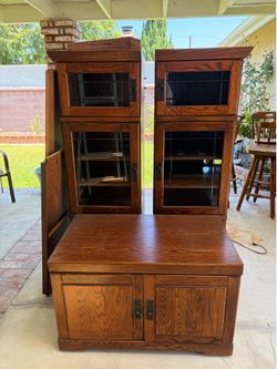 Oak Wood Entertainment Center with Glass Doors