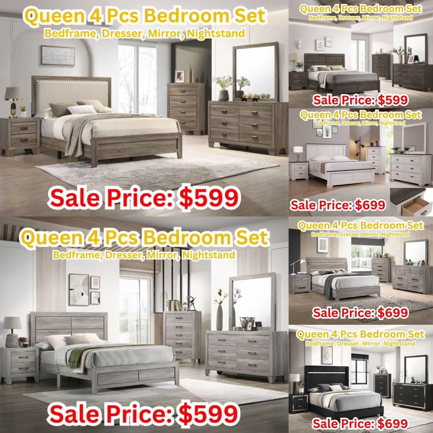 QUEEN BEDFRAME,NIGHTSTAND, MIRROR, DRESSER Starting At 599.99 SALE