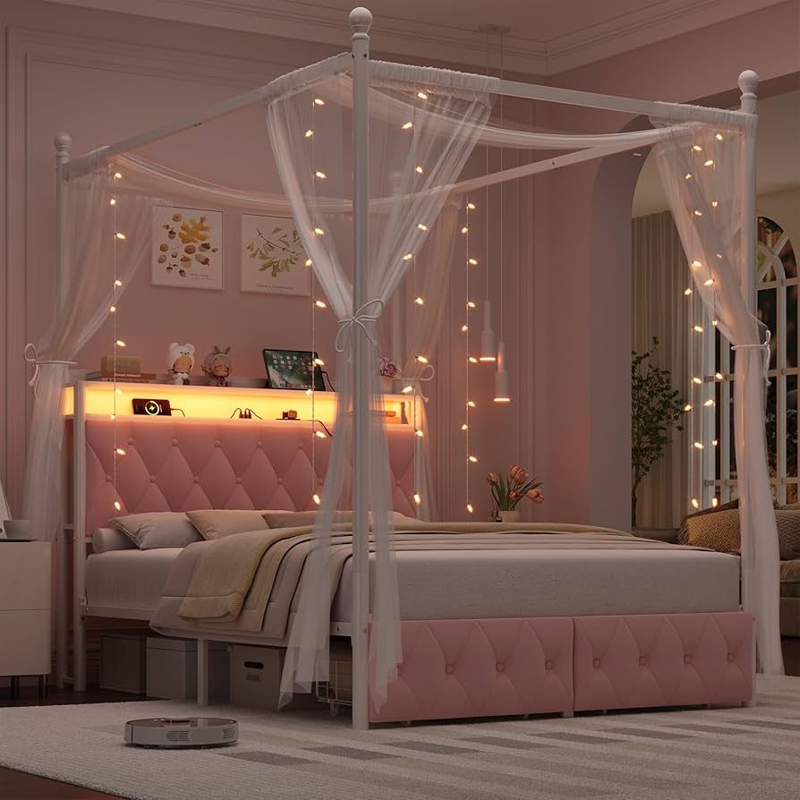 Queen Size Upholstered LED Canopy Bed Frame with Storage and Charging Station, Button Tufted Storage Headboard with Bookshelf, Two-Use Metal Platform 