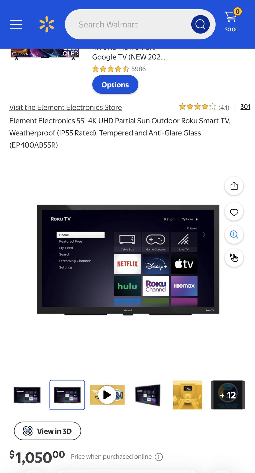 Element Electronics 55" 4K UHD Par Outdoor Roku TV, Weatherproof (IP55 Rated), Tempered and Anti-Glare Glass