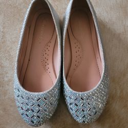 Silver Rhinestones Flat Ballerina Shoes For Girls Size 12