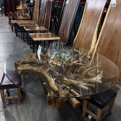 Teak Root Round Dining Table With Glass 