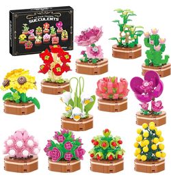 zinat 12 Pack Flower Succulent Building Blocks Set, 1001 PCS Botanical Plant Collection, DIY Potted Plants Model for Home Office Decor, Creative Gift 