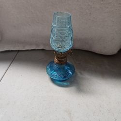 Vintage Miniature Oil Lamp, Blue Textured Glass, Oil Lamp Collection