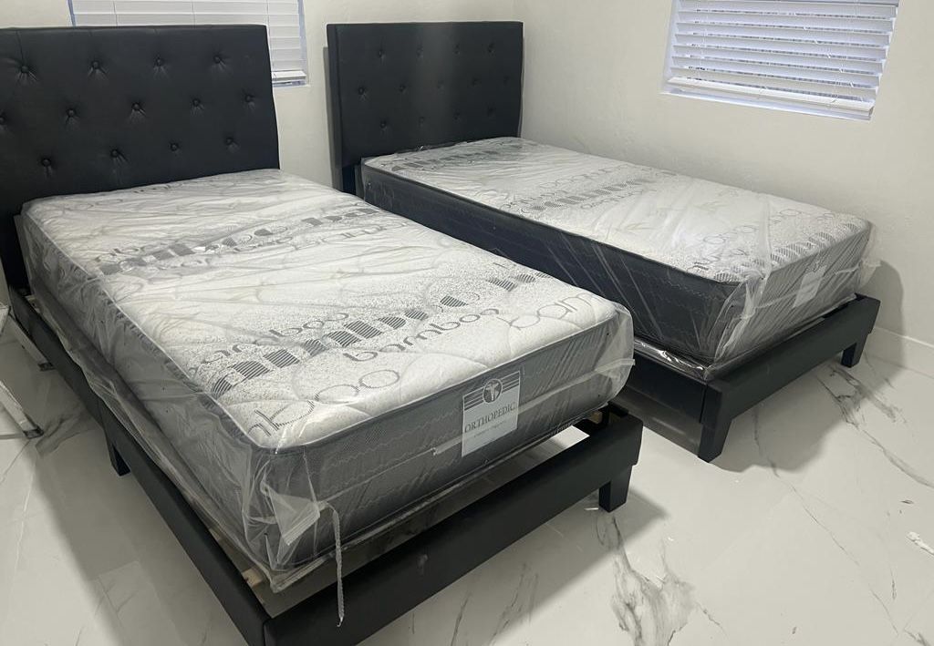 NEW BED FRAME TWIN SIZE WITH MATTRESS PLUSH AND BOX SPRING 3 PCS