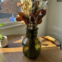 Green Vase And Dried Flower Bouquet 