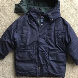 BOYS NAVY BLUE PUFFER COAT SKI PARKA WITH REMOVABLE HOOD ZIPPER & BUTTON FRONT SIZE 5 / 6 SMALL CLASS CLUB BRAND NICE!
