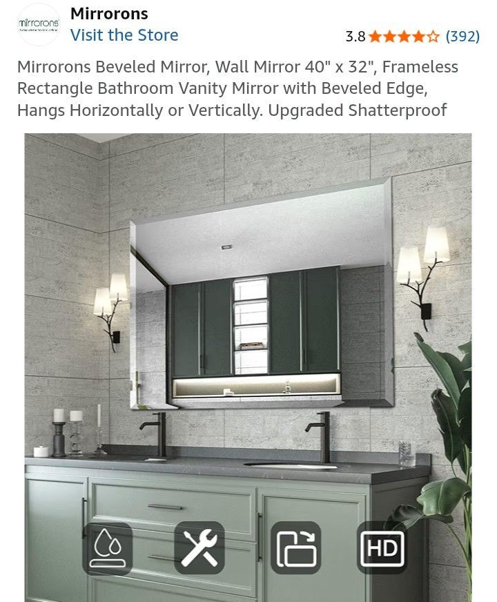 NEW IN BOX-Mirrorons Beveled Mirror, Wall Mirror 40" x 32", Frameless Rectangle Bathroom Vanity Mirror with Beveled Edge, Hangs Horizontally or Vertic