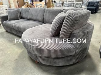 NEW Designer Choice Modern Sectional Sofa and BIG Curved Chaise Lounge Set Ashley Style Dark Grey Fabric Couch SALE Discount Furniture Warehouse Gray