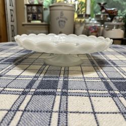 Anchor Hocking Colonial Diamond Milk Glass Footed Cake Plate