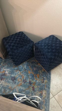 Set of 2 Navy Blue Woven Ottoman Poufs