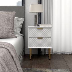 Modern 2-Drawer Nightstand, Contemporary Side Table, Retro-Inspired Raised Diamond Motif, White